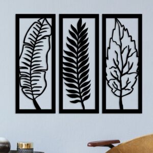 3 Large Leaves Wall Art – Wooden Botanical Silhouette Panels (Black/Brown)