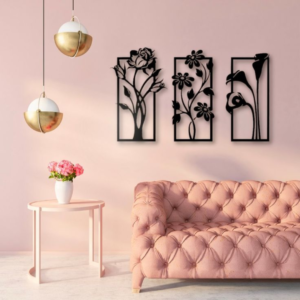 Set of 3 Flower Wall Art – Vertical Wooden Botanical Panels (24"x16" Overall)